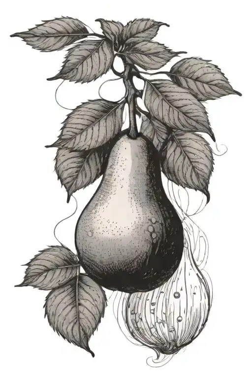 A Dainty Drawing Of A Single Pear Fruit Hanging Off Of A Tree With A Pear On The Ground