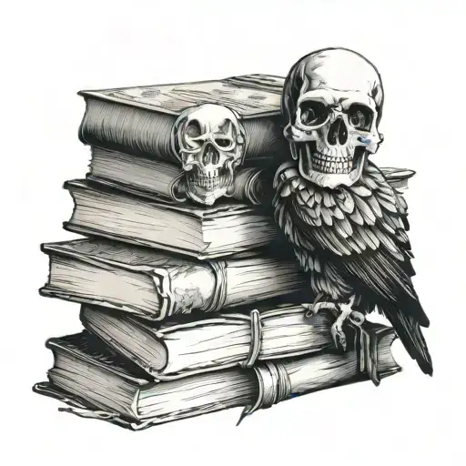Stack Of Books With A Skull And A Raven