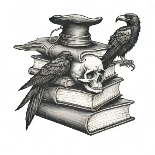 Stack Of Books With A Skull On Top And A Raven On Top A Skull
