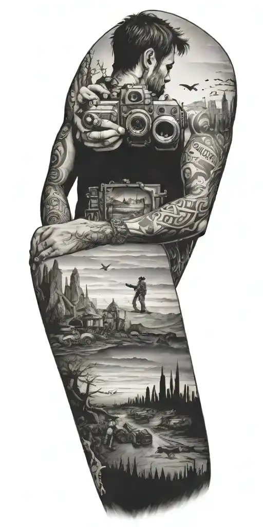 A Photographer Exploring A Post-apocalyptic Video Game Landscape