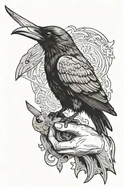 Raven Perched On Hand Holding A Bloody Dagger In Its Beak