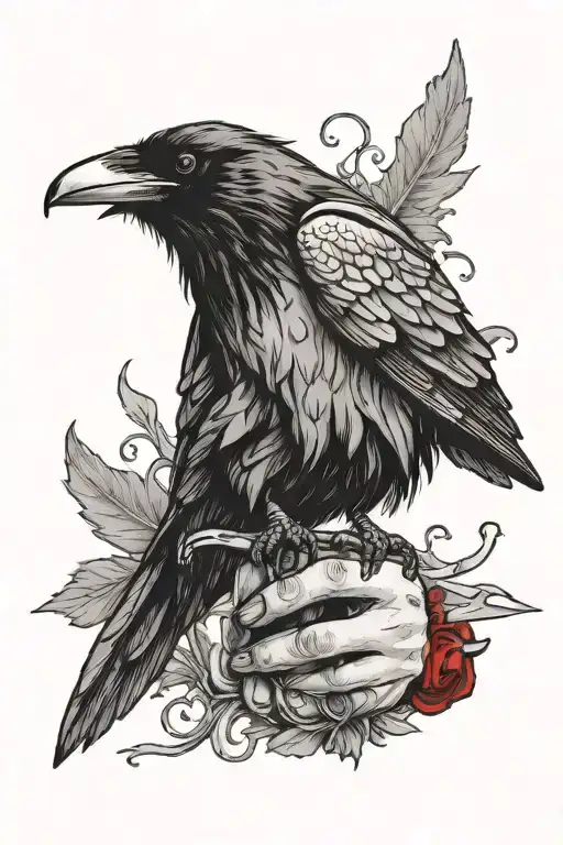 Raven Perched On Hand Holding A Bloody Dagger In Its Beak