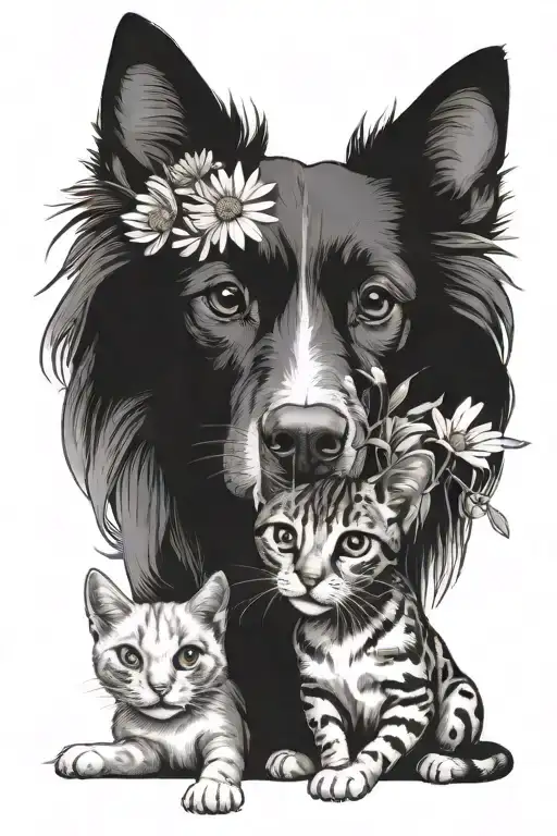 Dog And Cat Sitting With Daisies And Sweet Peas