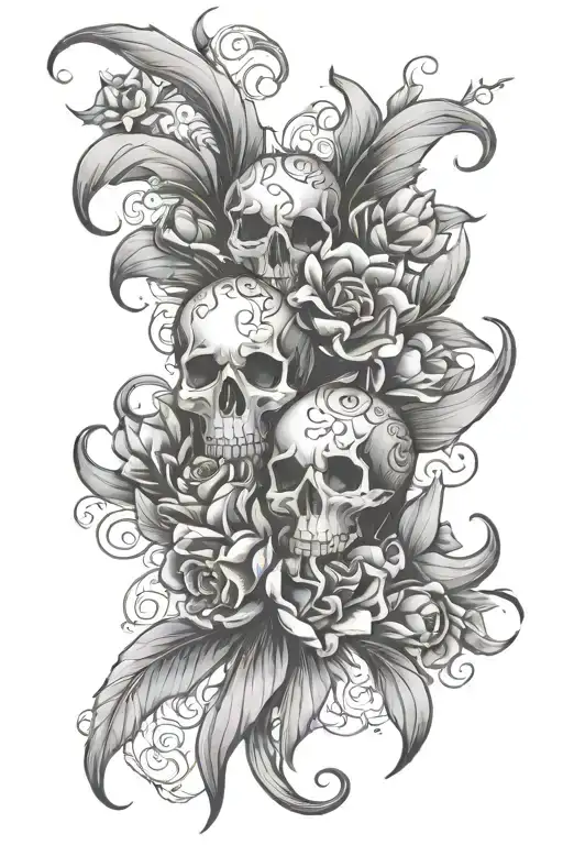 Filigree Sleeve With Skulls And Tulips Black And Grey