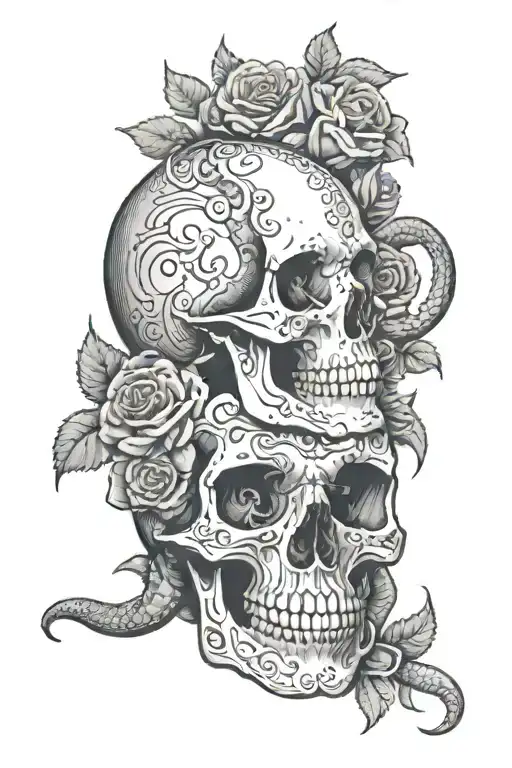 A Snake Slithering Through A Skull Surrounded By Flowers Along With A Medusa Head In The Flowers
