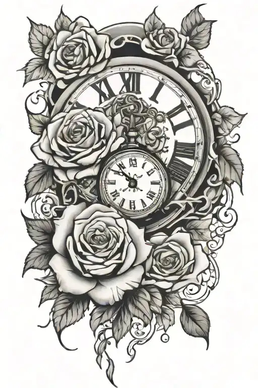 Roses With Broken Clock And Japanese Lettering