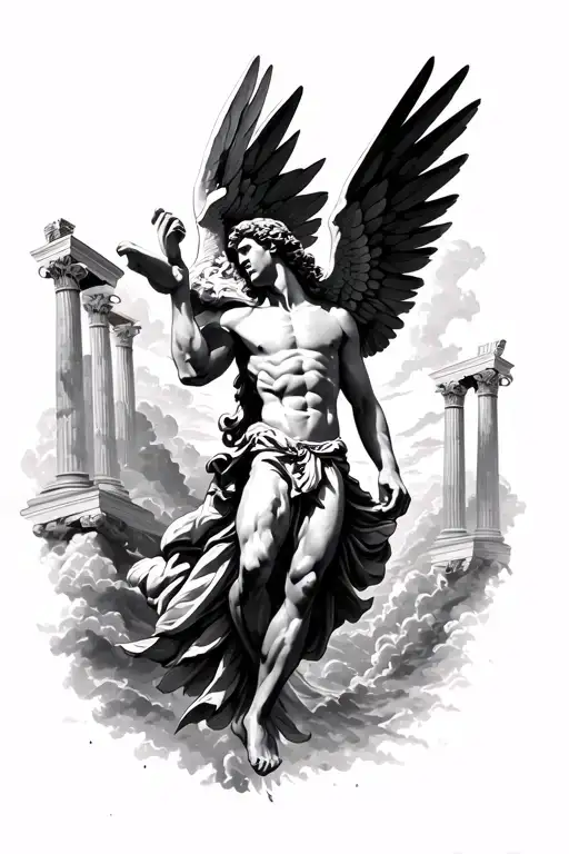 Icarus Falling From Sky With Greek Pillars In The Back Ground Fading