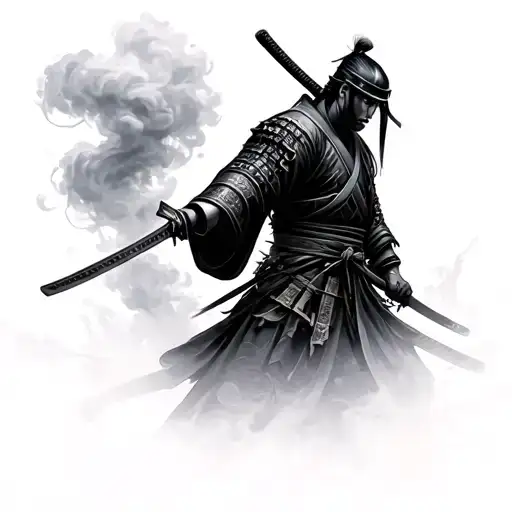 Samurai Standing With Katana In Hand Surounded By Smoke