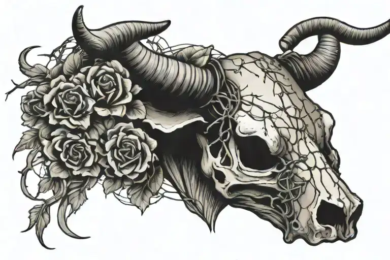 Steer Skull With Barbed Wire Wrapped Around Horns With Flowers Inside The Barbed Wire