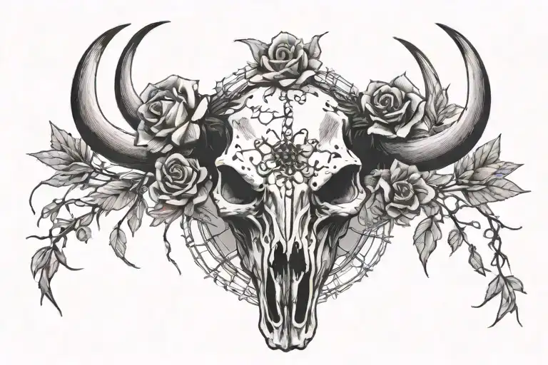 Front Facing Steer Skull With Barbed Wire Wrapped Around Horns With Flowers Inside The Barbed Wire