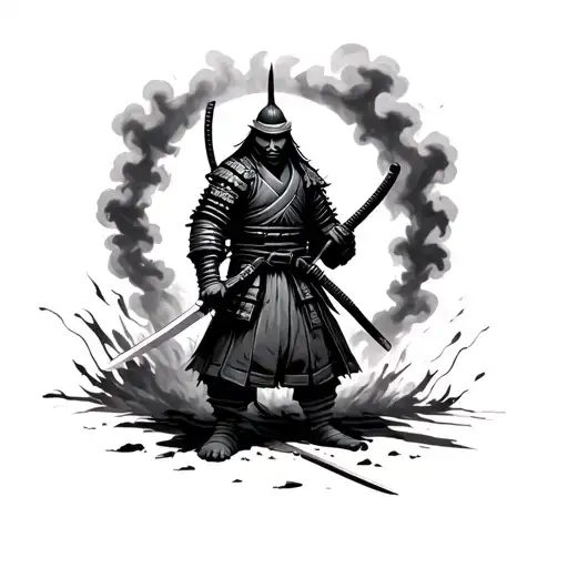 Samurai Standing With Katana In Hand Surounded By Smoke And Ashes