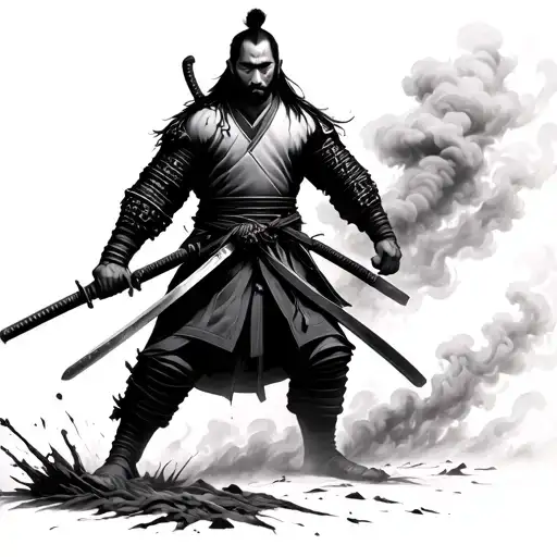 Samurai Standing With Katana In Hand Surounded By Smoke And Ashes Standing On His Right