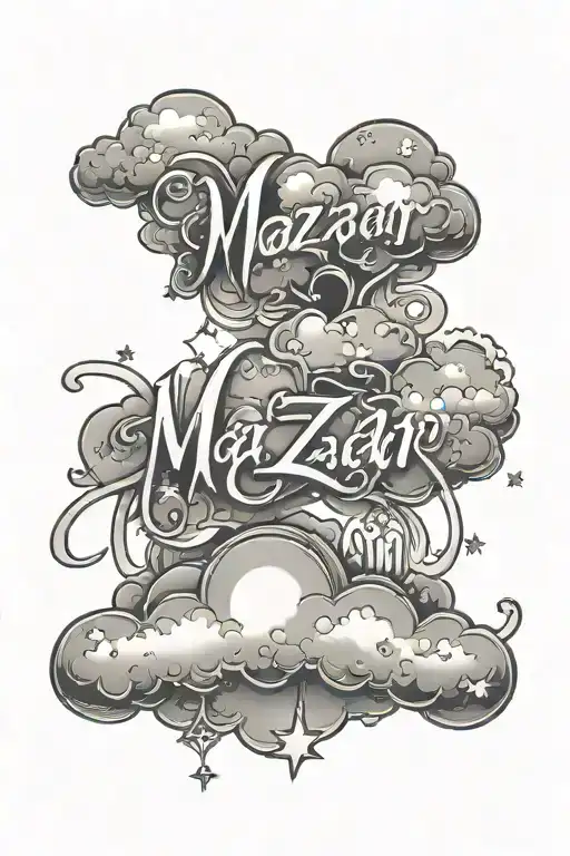 Clouds As The Background With Stars Around The Word Mazar In Cursive Writing
