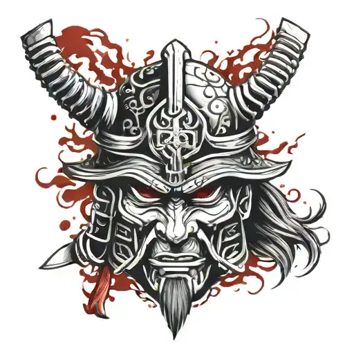 Brand Of Sacrifice Symbol Integrated Into A Traditional Japanese Samurai Mask With Blood Accents