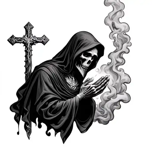 A Sleeve Grim Reaper Praying With God Cross Smoke Come Up