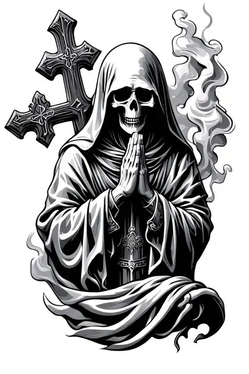 A Sleeve Grim Reaper Praying With God Cross Smoke Come Up
