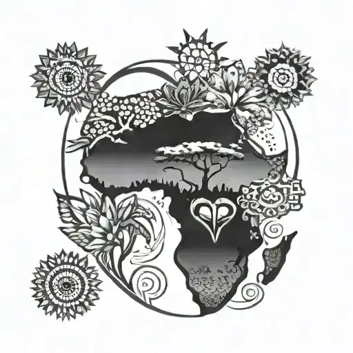 Africa With Heart Sign Situated And African Tribal Sunrise With African Flowers