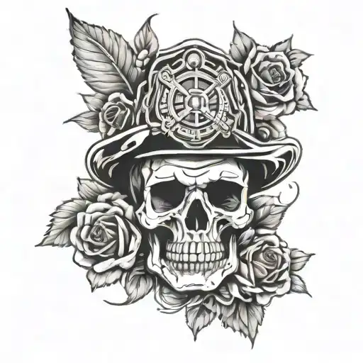 Firefighter Skull With Roses And Lighthouse