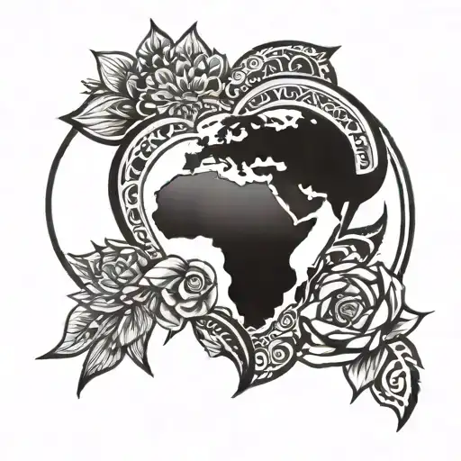 Africa With Heart And African Tribal Sunrise With African Flowers