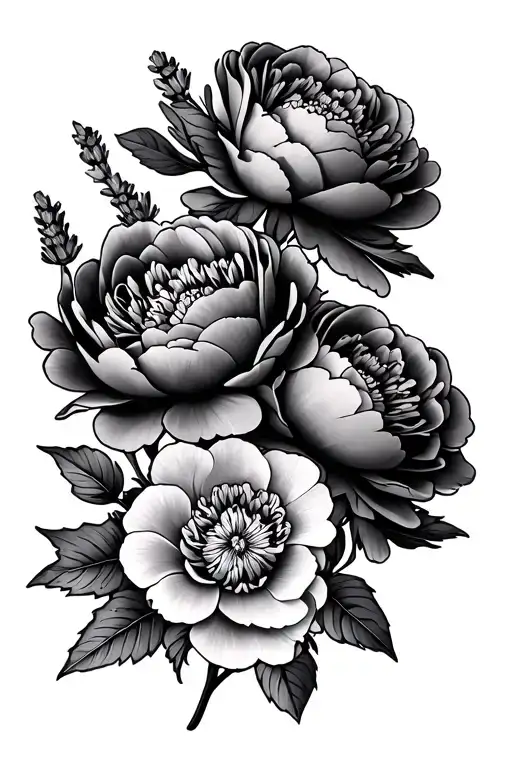 Lavender Peonies Black And Grey Tatto Style