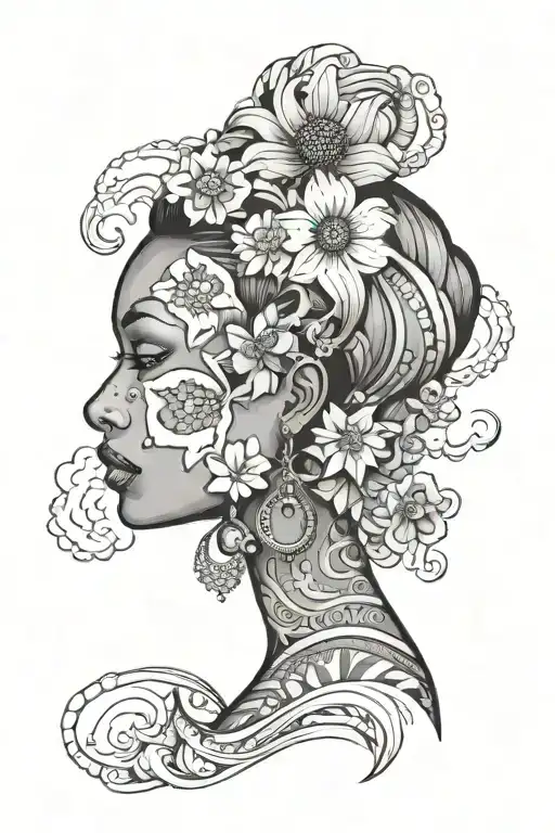 Women Facehiden In Clouds The Shape Of Africa With African Flowers