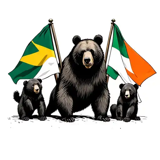 Bear With Two Cubs Holding Jamaican And Irish Flag
