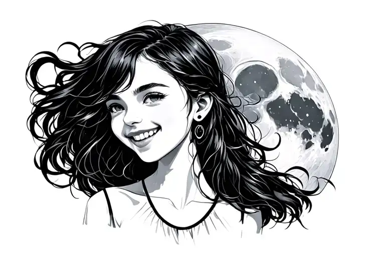 A Minimalist Girl With A Greedy Smile Against The Background Of The Moon
