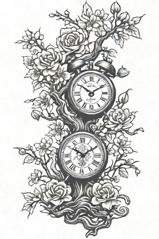 Cherry Blossom Tree With Clocks And Roses Blooming