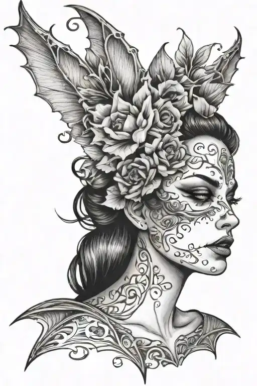 Bat Women Half Face Ghost Flower