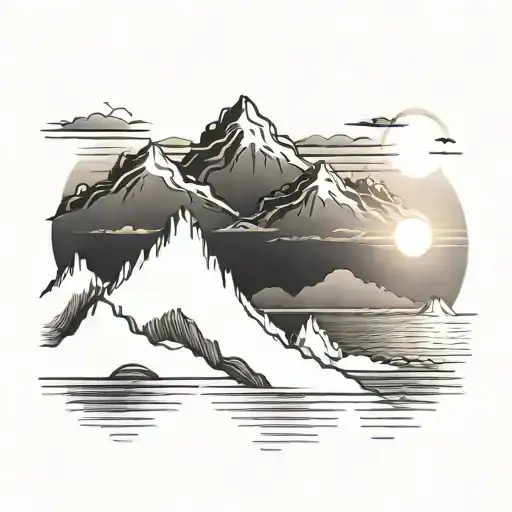 Mountains And Sea Sun Setting Sun