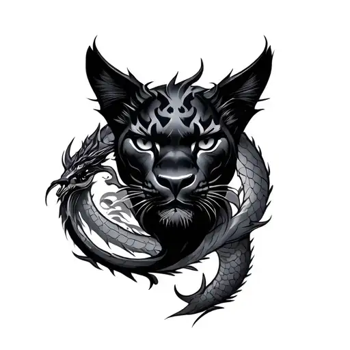 A Tattoo Of A Black Puma Surrounded By A Dragon