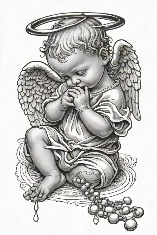 Baby Angel With Praying Hands Holding A Rosary Wrapped