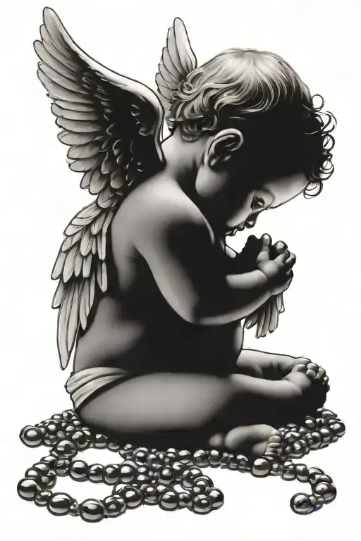 Baby Angel With Praying Hands Holding A Rosary Wrapped