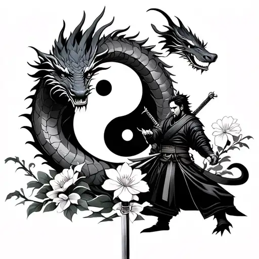 Dragon With Flowers And A Samurai With His Katana And A Ying Yang