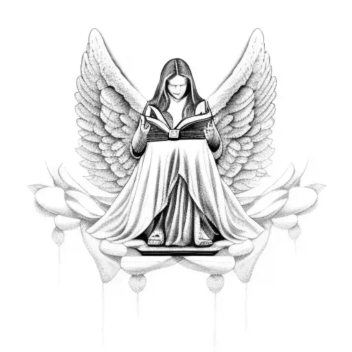 A Black And Grey Portrait Of A Guardian Angel Reading A Bible