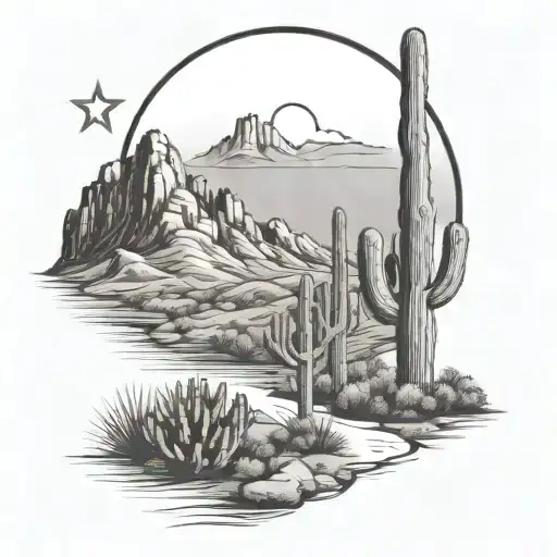 Saguaro Cactus In The Mountains With A Moon And Three Stars In The Sky
