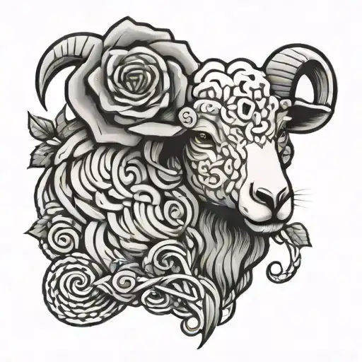 Cartoon Sheep Rose And Celtic Knot Intertwined