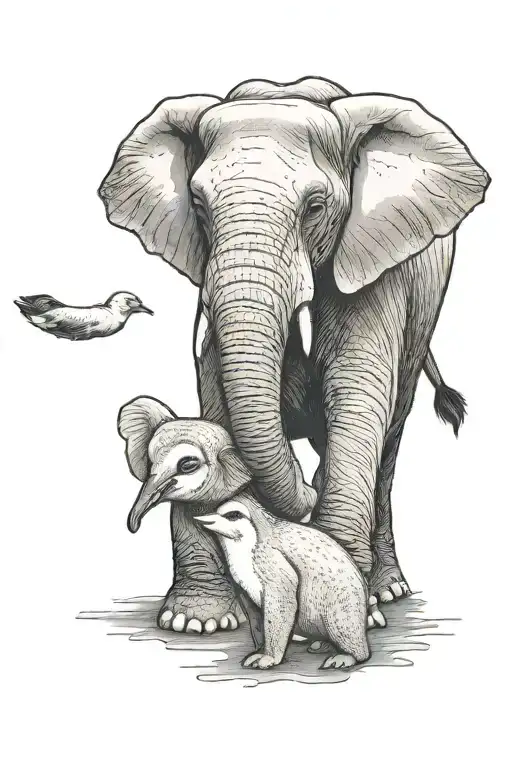 Elephant Protecting A Baby Penguin With Its Trunk