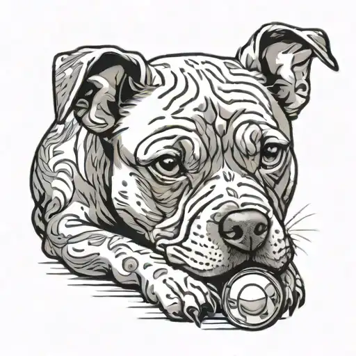 A Blue Pit Dog With A Toy Sitting Down And Looking Up At You