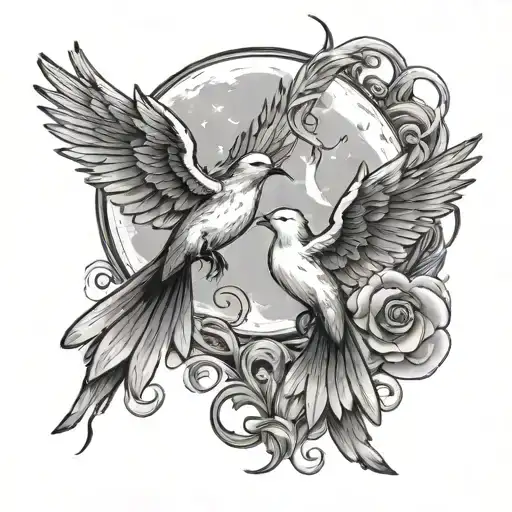 Doves Flying Towards The Moon With A Snake Wrapped Around The Moon