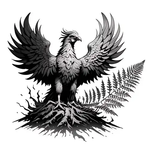 A Phoenix Rising From The Ash Accompanied By A Fern Climbing On It