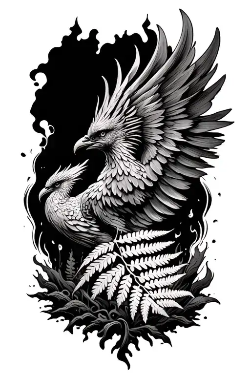 A Phoenix Rising From The Ash Accompanied By A Fern Intertwined On It