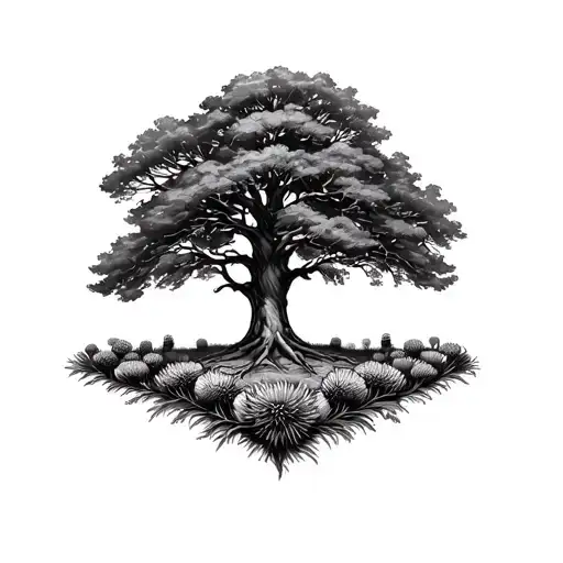 3 Pedunculate Oak Trees With Scottish Thistle Planted Around The Base