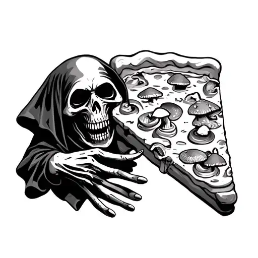 Grim Reaper Eating A Slice Of Pizza With Magic Mushrooms On It