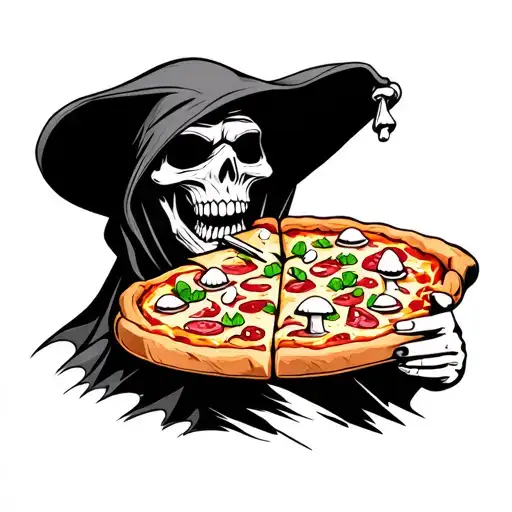 Cartoon Grim Reaper Eating A Slice Of Pizza With Magic Mushrooms On It