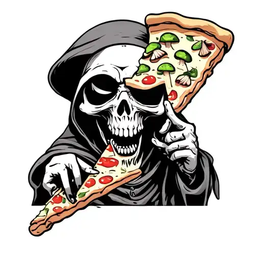 Cartoon Grim Reaper Eating A Slice Of Pizza With Magic Mushrooms On It