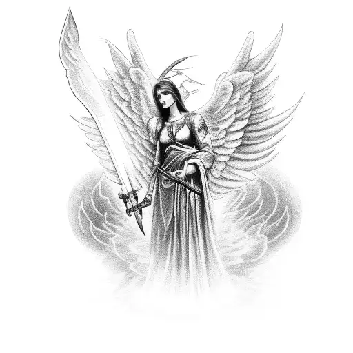 A Black-grey Tattoo Of An Angel With Weapon Made Of Money
