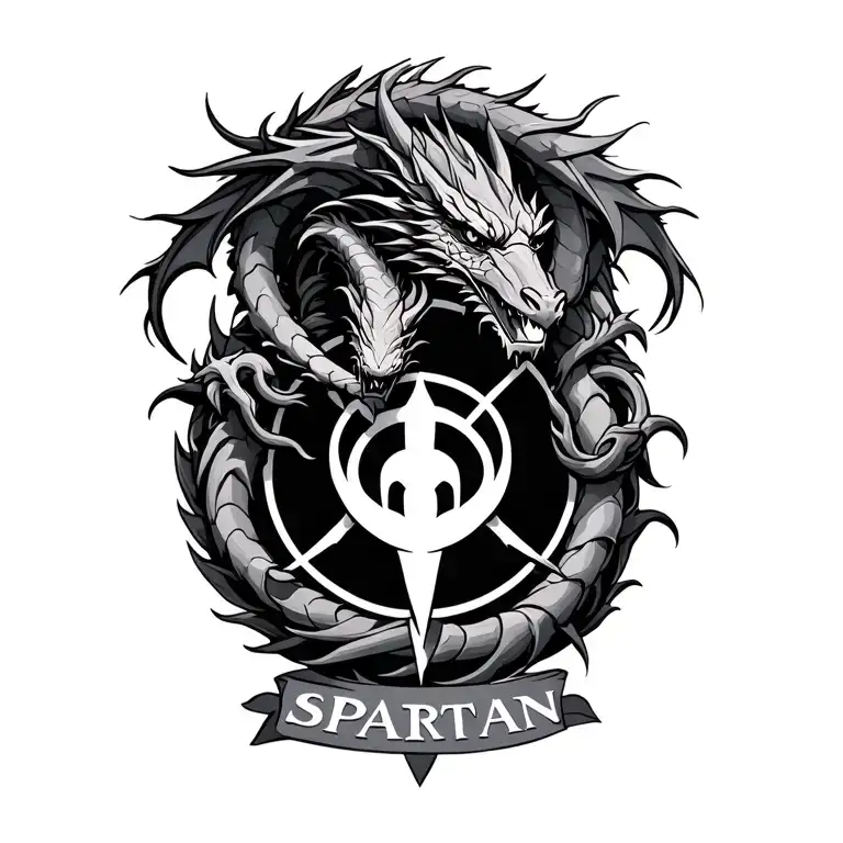 Dragons Entwined With A Round Talisman Behind A Spartan