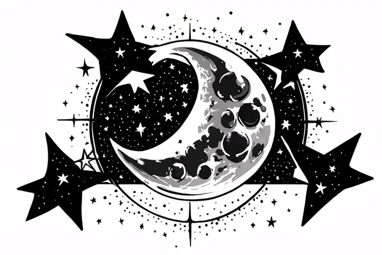 Moon With Shooting Stars And Stars In Background