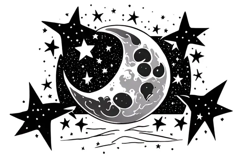 Moon With Shooting Stars And Stars In Background